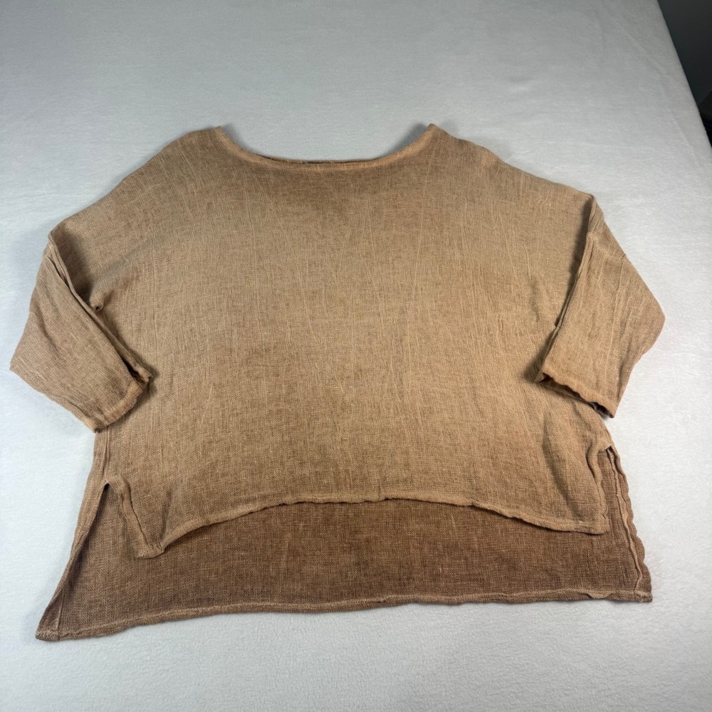 Tina Stephens Poncho Top O/S Tan Brown Linen Blend Ombre Coastal Boho Italy